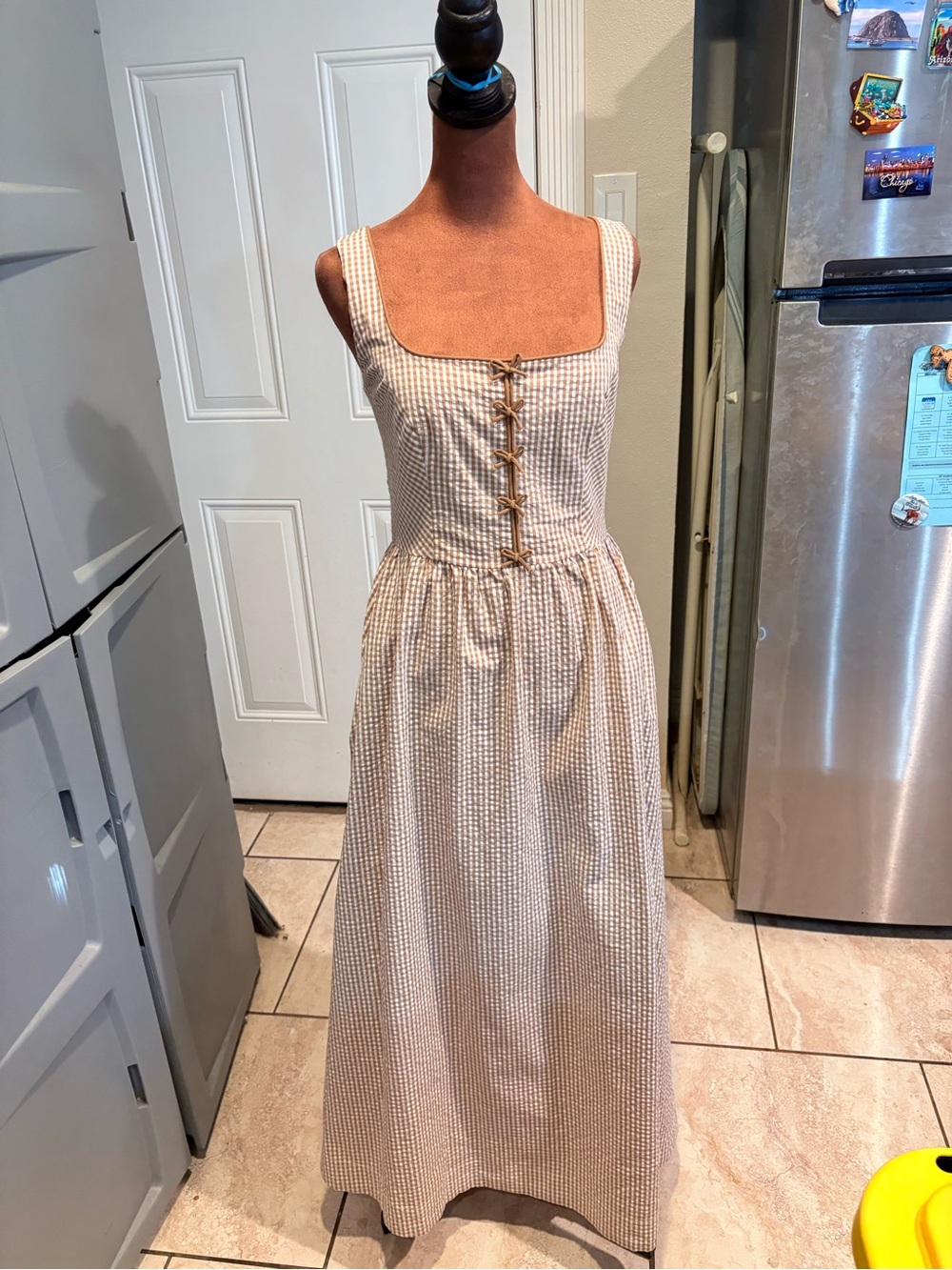 Caroline Constas Beige Gingham Tie-Front Sundress